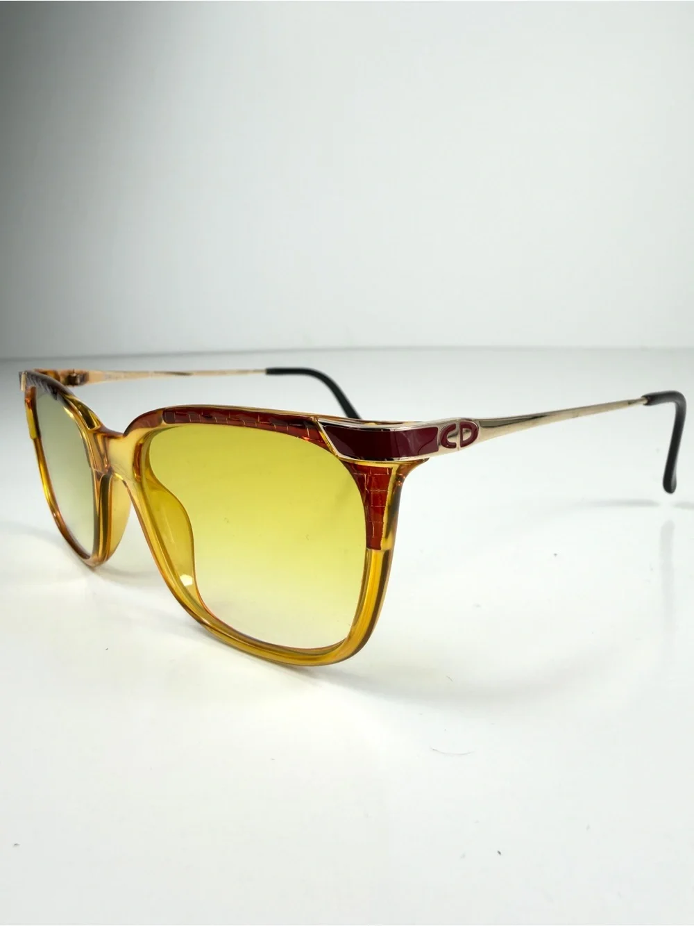 VTG Christian Dior 2403 Croc Embossed Butterfly Cat Eye CD Logo Yellow Burgundy